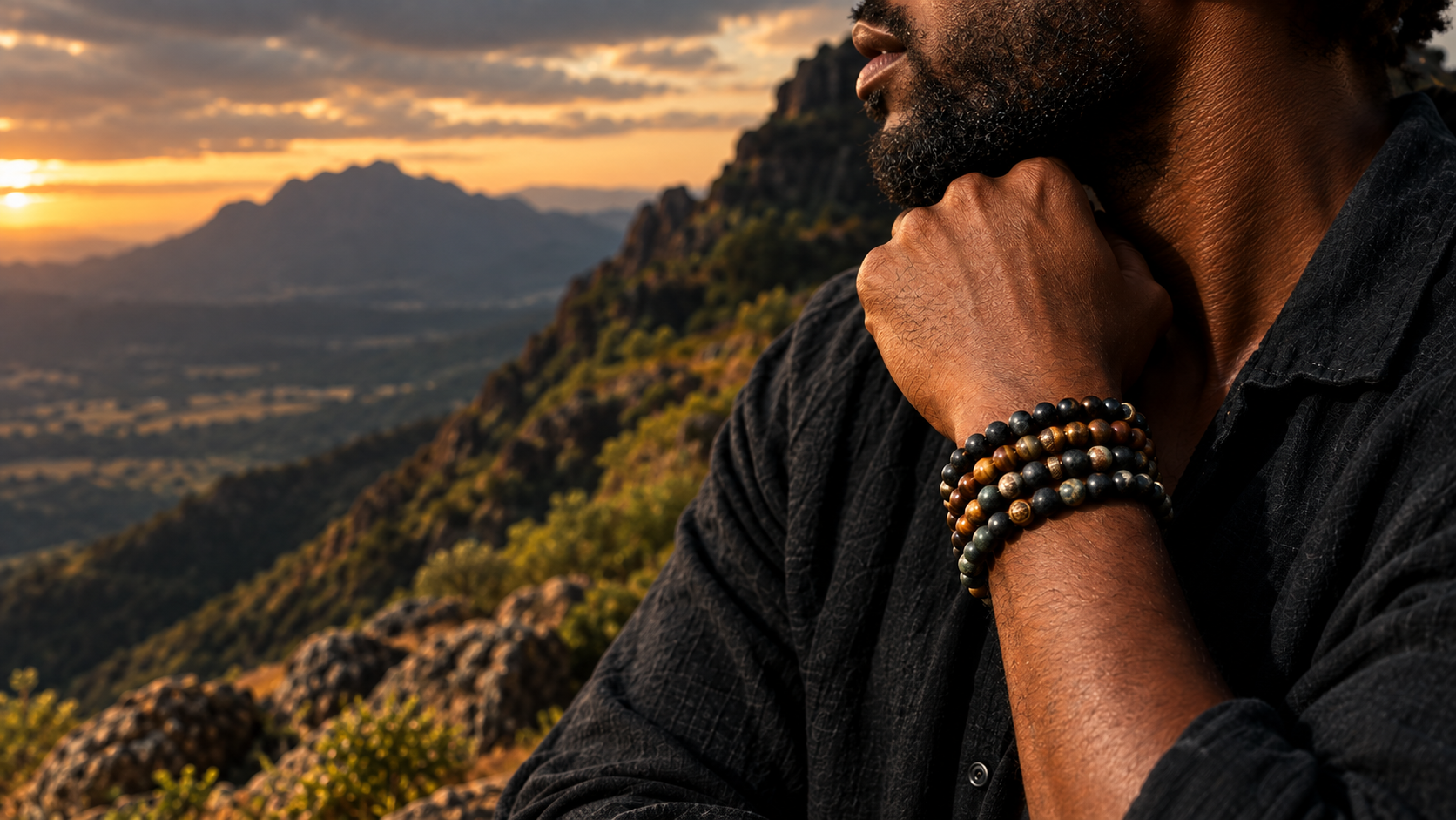Man wearing a Beads World Africa natural stone bracelet outdoors